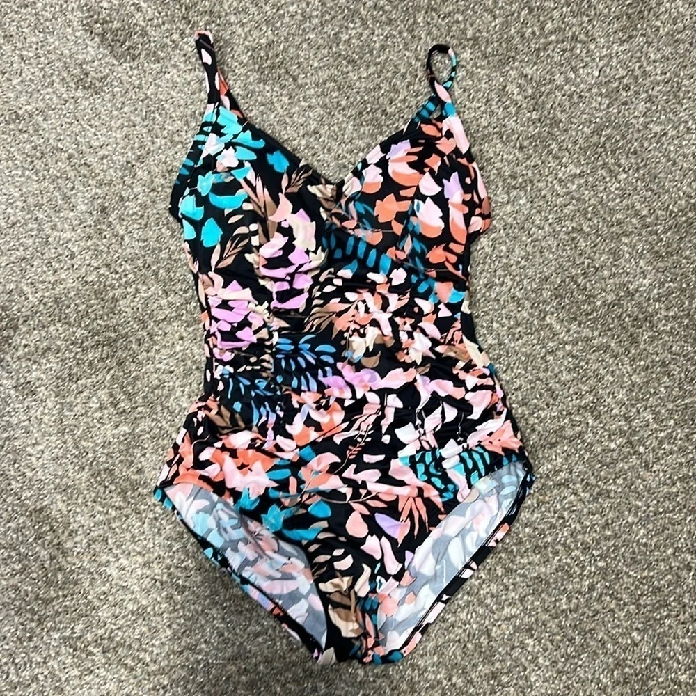 Aqua Green Tropical Ruched Princess Seamed One‎ Piece Bathing Suit size Medium